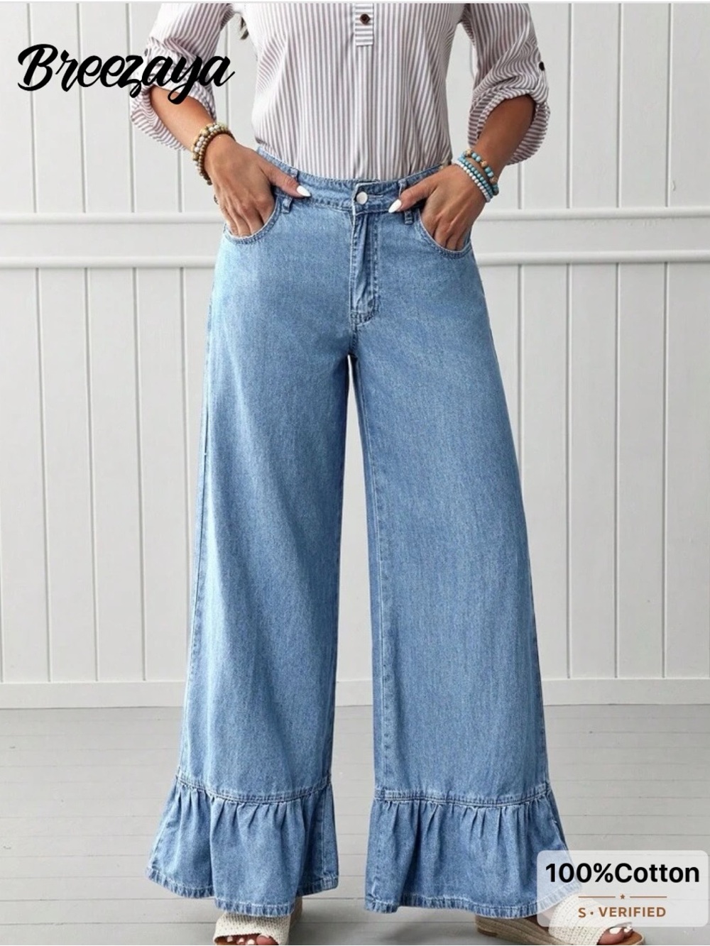 Light Blue Wide-Leg Ruffle Hem Jeans